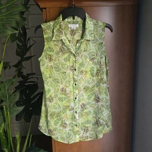 Liz Claiborne  Green Leaf Botanical Print Sheer Sleeveless Top Medium